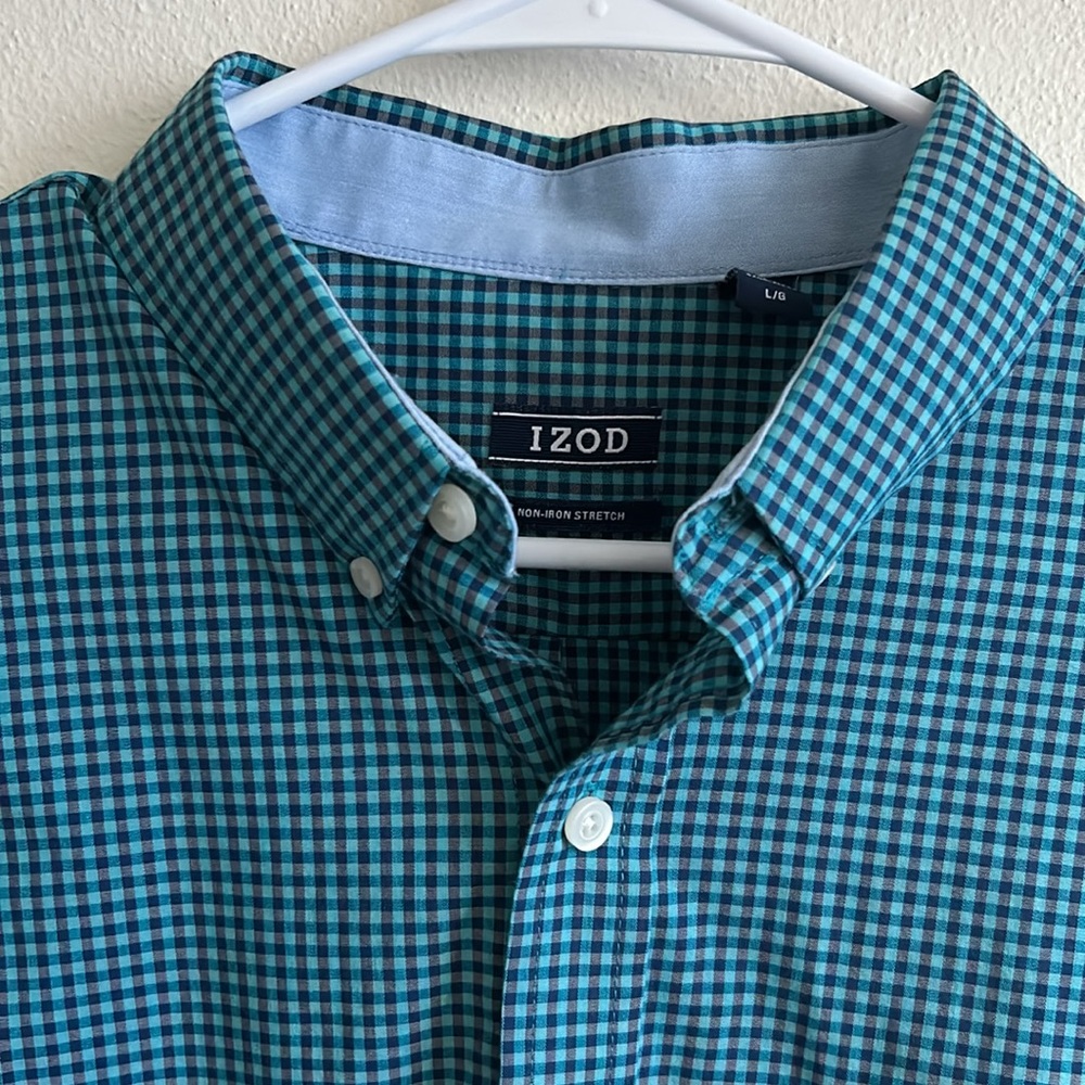 Izod Mens Stretch Blue Check Cotton Long Sleeve Button Down Shirt..Size:L